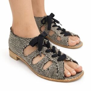 Stuart Weitzman Woven Open Toe Lace-Up Flats Sandals Boho Linen Burlap